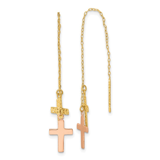 14K Two-Tone Yellow & Rose D/C Polished Crosses Threader Earrings