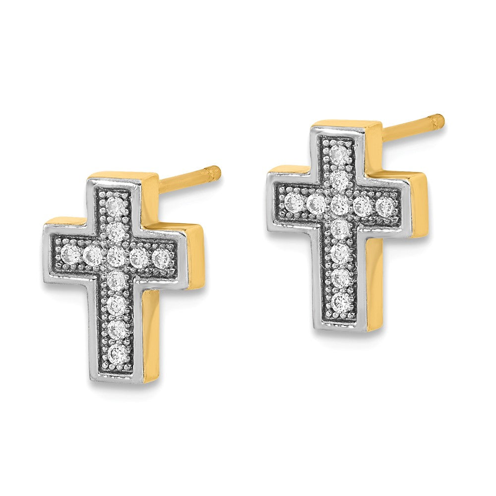 14K Yellow & Rhodium W/Rhodium Micro Pav Cz Cross Post Earrings