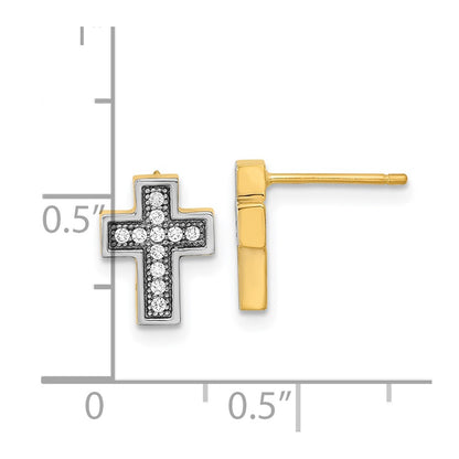 14K Yellow & Rhodium W/Rhodium Micro Pav Cz Cross Post Earrings