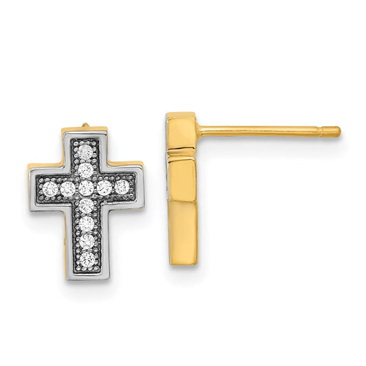 14K Yellow & Rhodium W/Rhodium Micro Pav Cz Cross Post Earrings