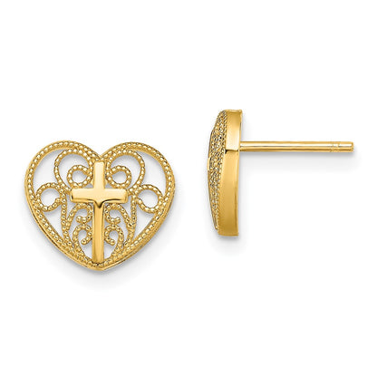 14K Yellow Gold Heart W/Cross Post Earrings