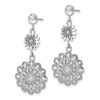 14K White Gold D/C Sunflower Style Double Drop Earrings