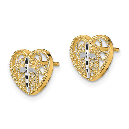 14K Yellow & Rhodium W/Rhodium Filigree Cross Center Heart Post Earrings