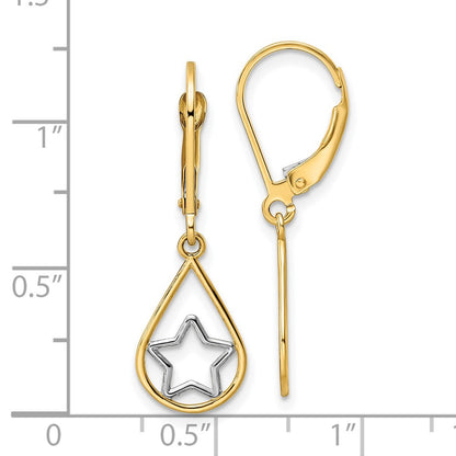 14K Yellow & Rhodium W/Rhodium Star In Teardrop Leverback Dangle Earrings