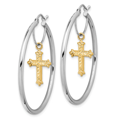 14K Two-Tone D/C Cross Dangle Hoop Earrings