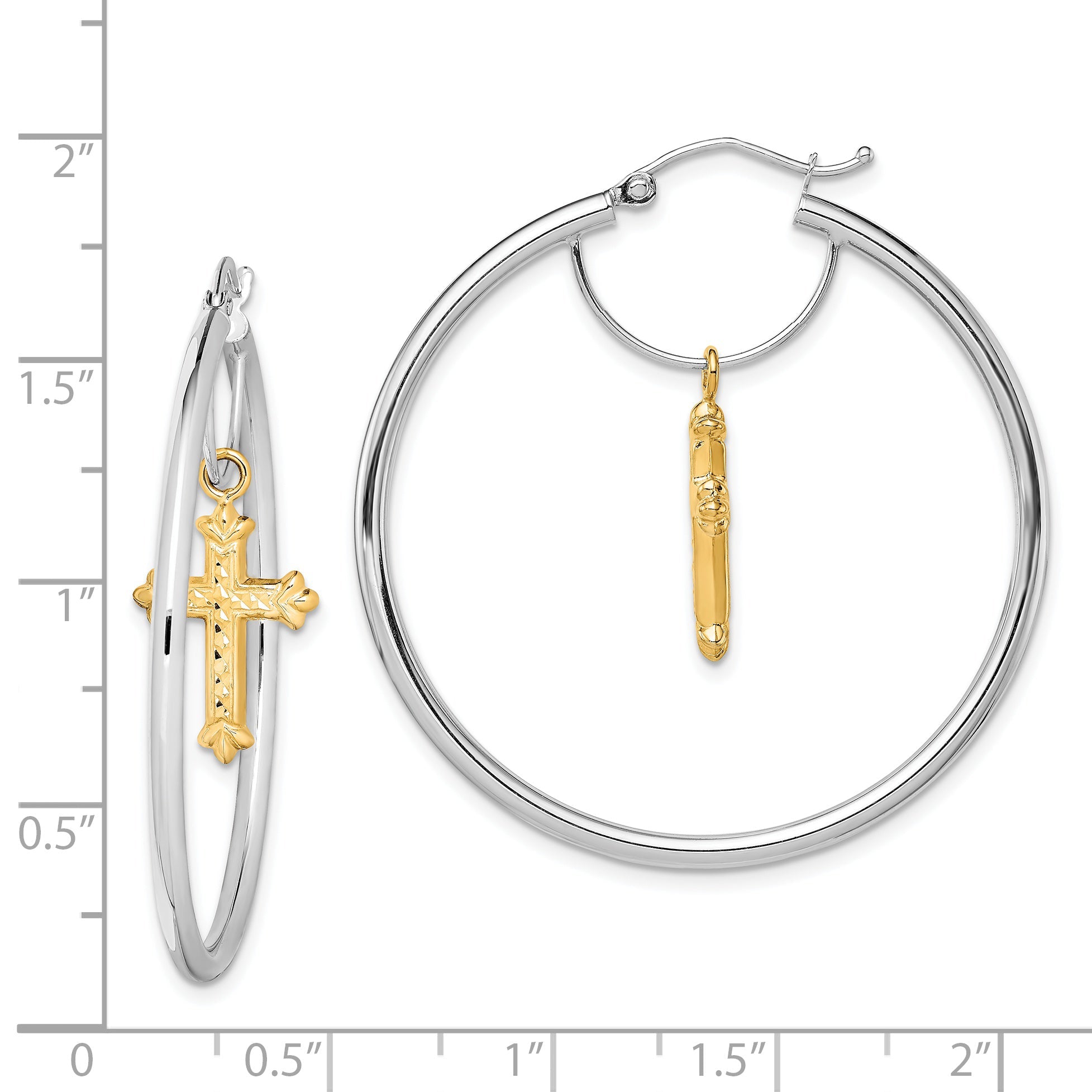 14K Two-Tone D/C Cross Dangle Hoop Earrings