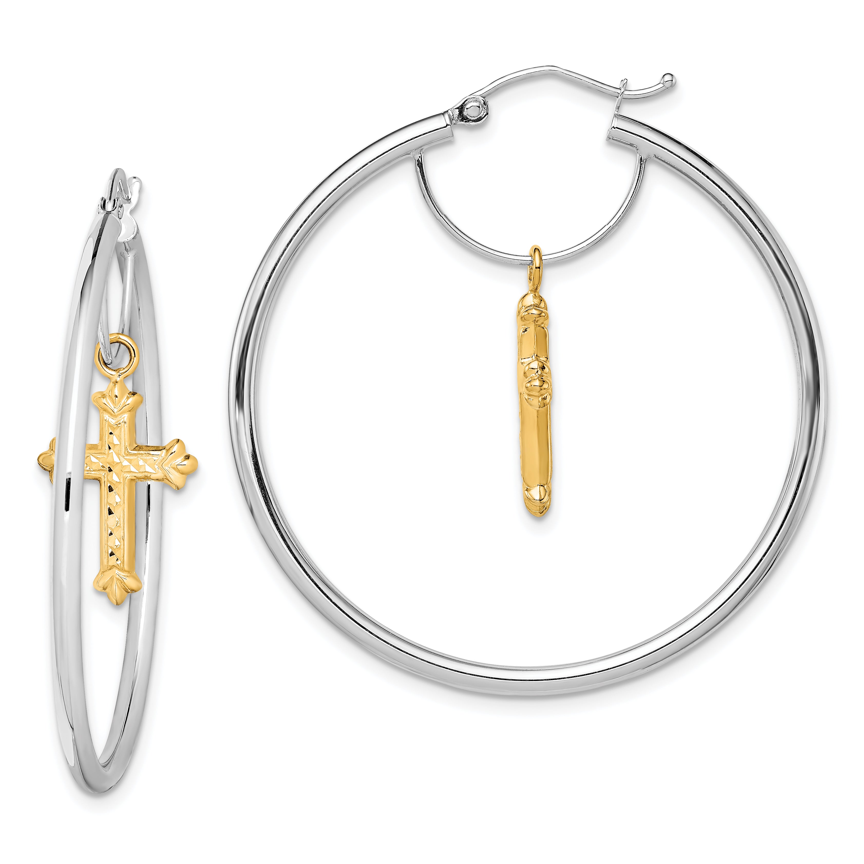 14K Two-Tone D/C Cross Dangle Hoop Earrings