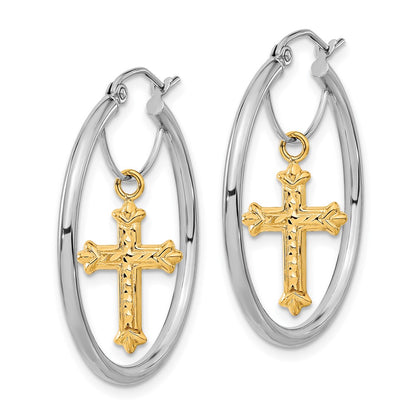 14K Two-Tone D/C Cross Dangle Hoop Earrings