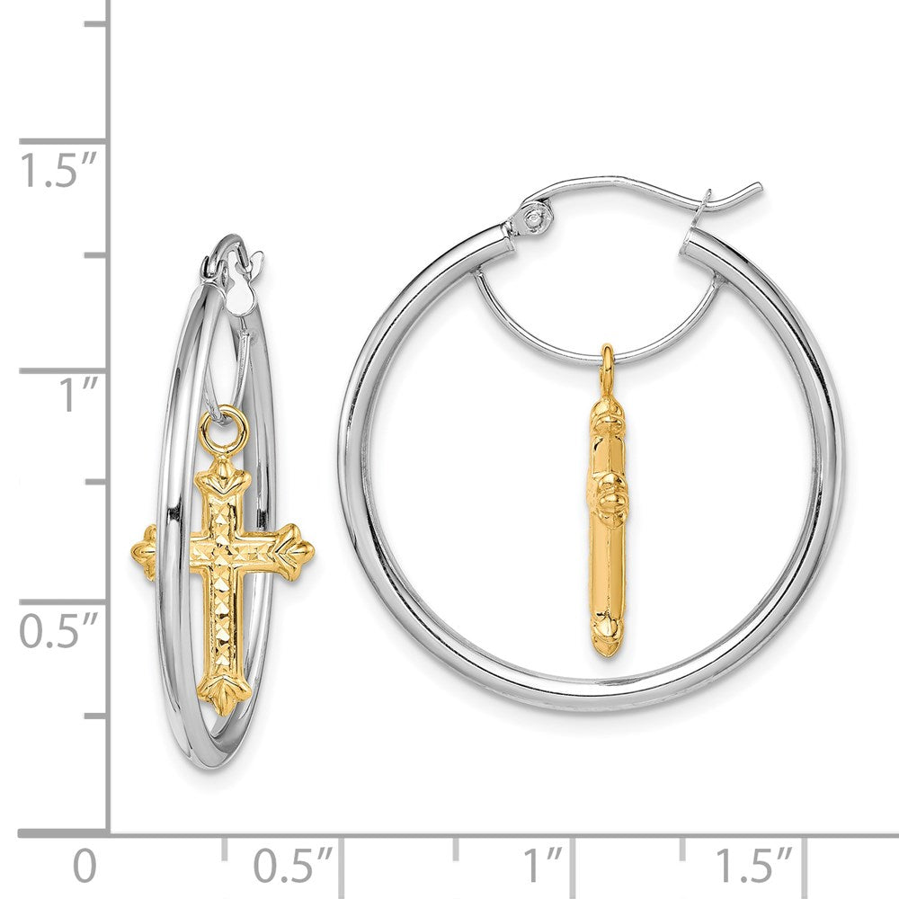 14K Two-Tone D/C Cross Dangle Hoop Earrings