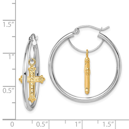 14K Two-Tone D/C Cross Dangle Hoop Earrings