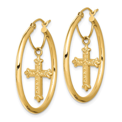 14K Yellow Gold With D/C Cross Dangle Hoop Earrings
