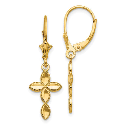 14K Yellow Gold D/C Cross Leverback Earrings