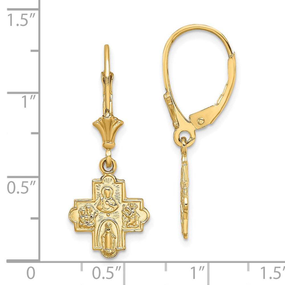 14K Yellow Gold Small 4-Way Medal Cross Leverback Earrings