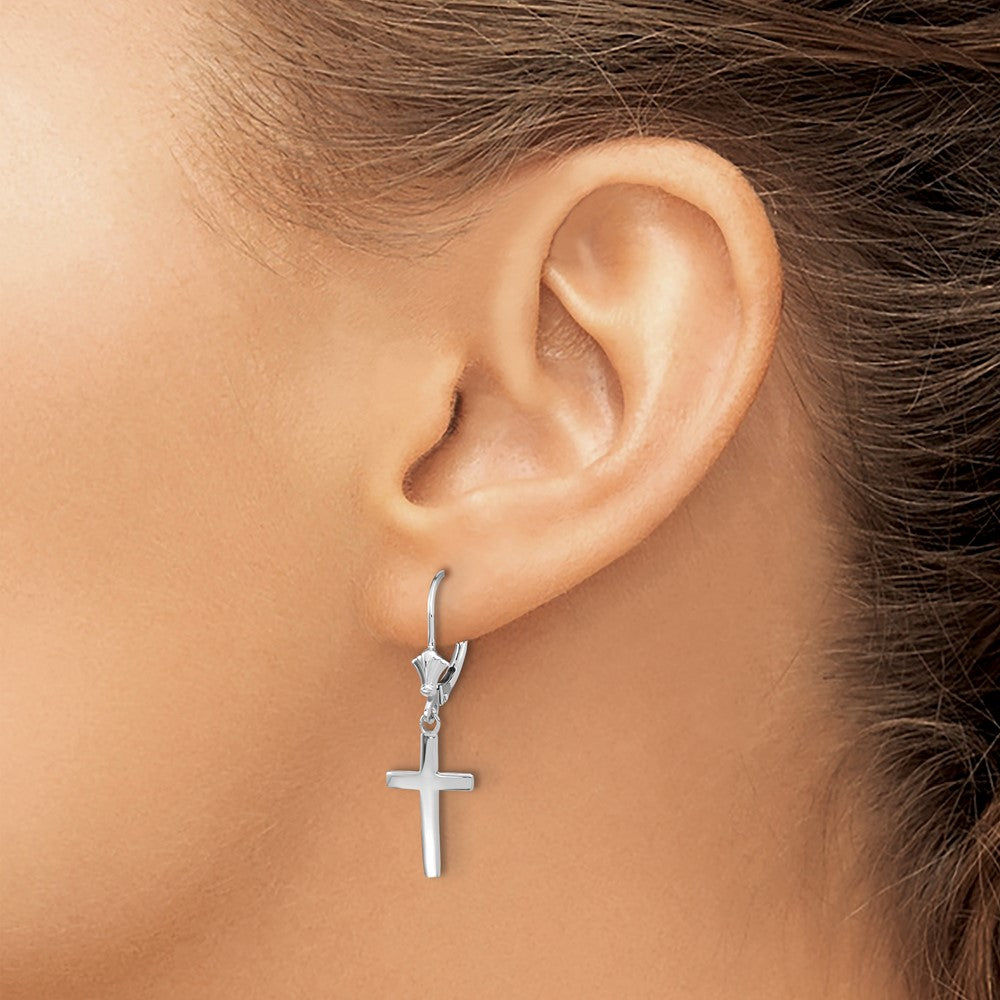 14K White Gold Polished Cross Leverback Earrings