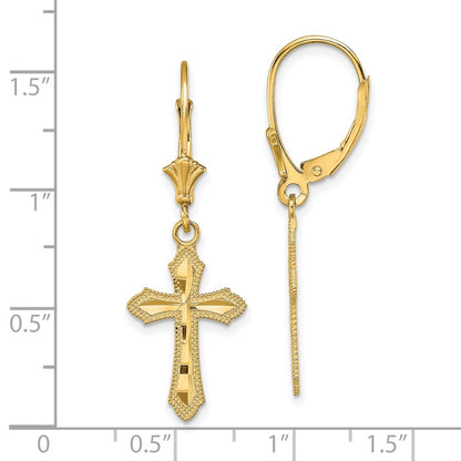 14K Yellow Gold D/C Cross W/ Beaded Edge Leverback Earrings