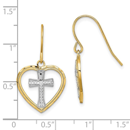 14K Yellow & Rhodium W/Rhodium Cross In Center Heart Earrings