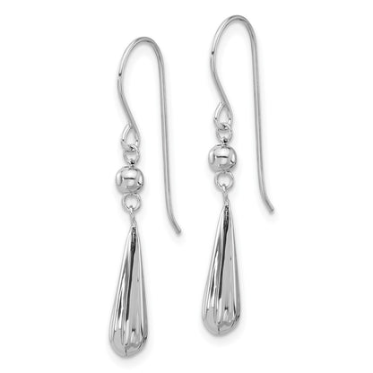 14K White Gold Grooved Puffed Teardrop Shepherd Hook Earrings