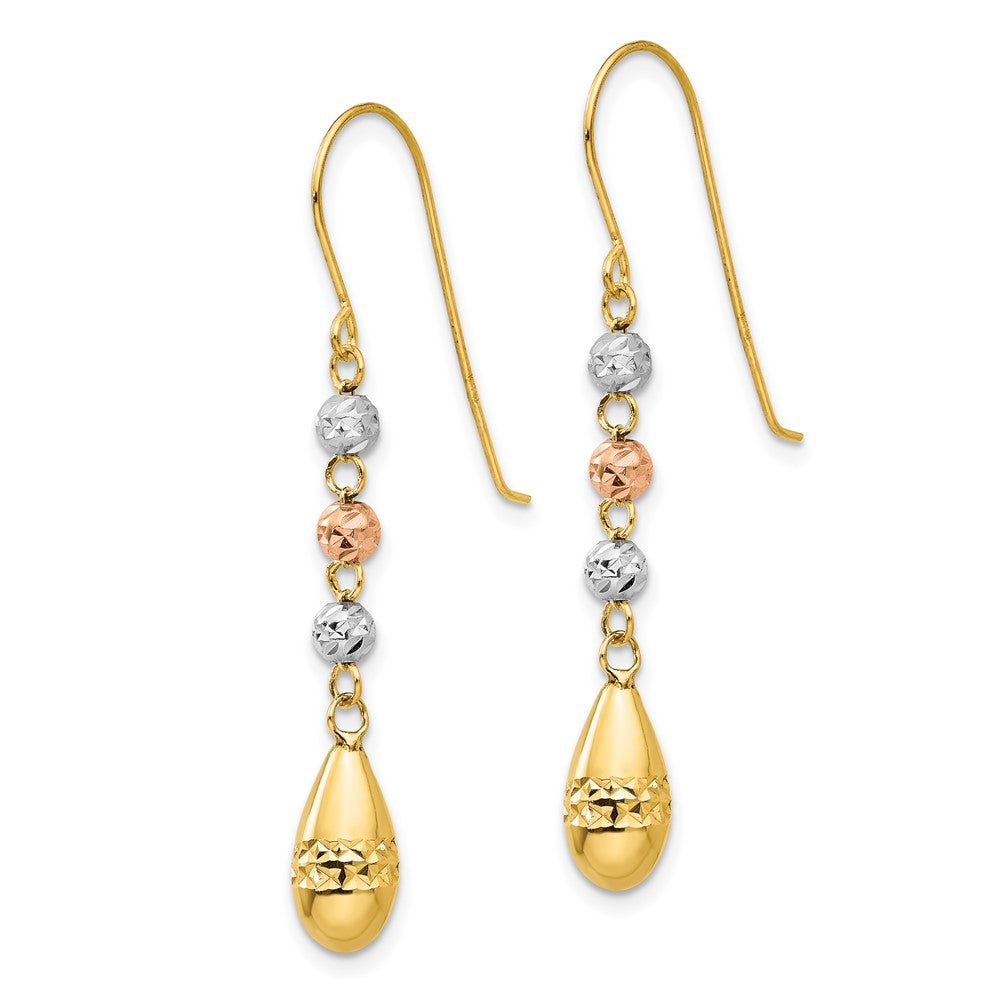14K Tri-Color Diamond-Cut Teardrop Beaded Puff Dangle Earrings
