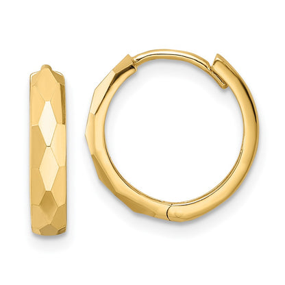 14K Yellow Gold Polished Faceted 3X15mm Hinged Hoop Earrings