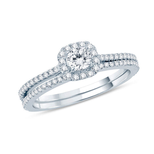 5/8 CT. Diamond Halo Bridal Engagement Ring Set in 14K White Gold