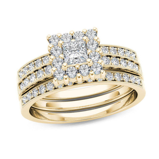 7/8 CT. T.W. Princess-Cut Diamond Frame Three Piece Bridal Engagement Ring Set in 14K Gold