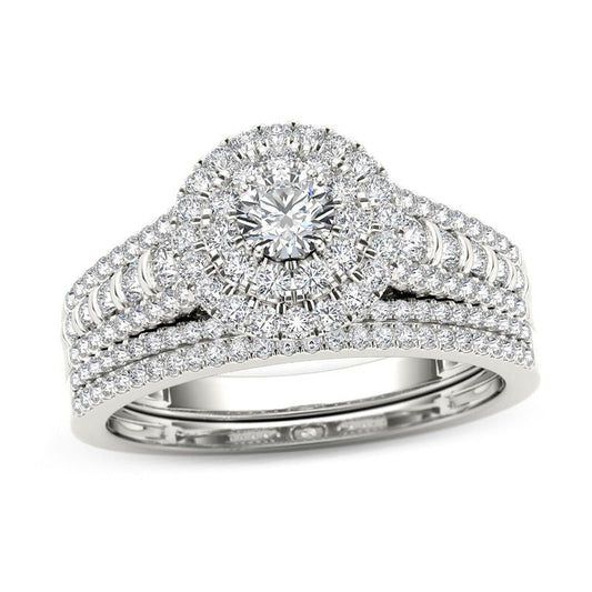 1 CT. T.W. Diamond Double Frame Multi-Row Bridal Engagement Ring Set in 14K White Gold
