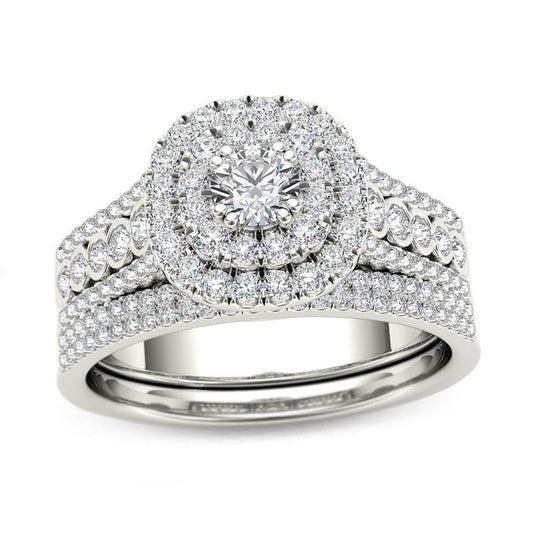 1 CT. T.W. Diamond Double Cushion Frame Multi-Row Bridal Engagement Ring Set in 14K White Gold