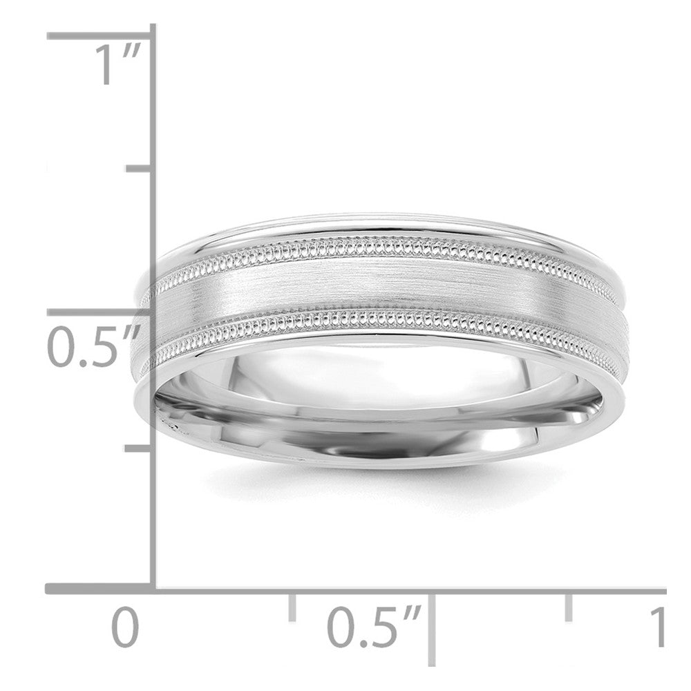 14K White Gold 6mm Heavyweight Comfort Fit Brushed Satin/Polished Milgrain Grooved Edge Wedding Band
