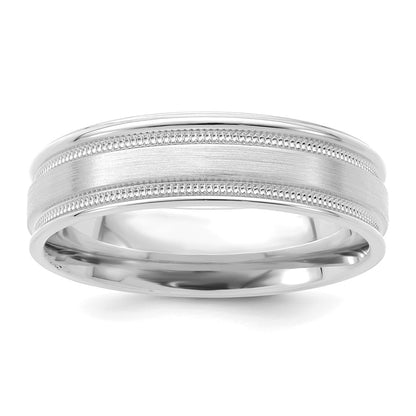 14K White Gold 6mm Heavyweight Comfort Fit Brushed Satin/Polished Milgrain Grooved Edge Wedding Band
