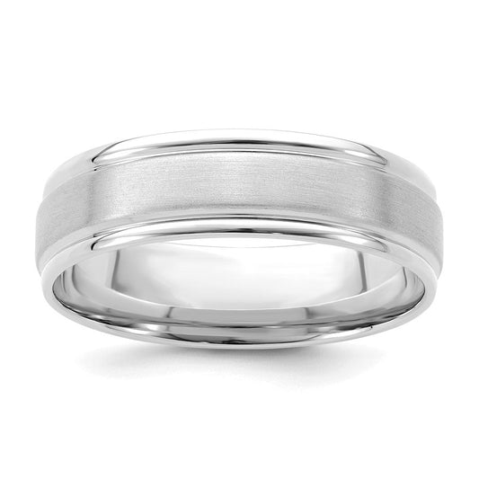 18k White Gold 6mm Standard Weight Comfort Fit Brushed Satin/Polished Grooved Edge Wedding Band Ring