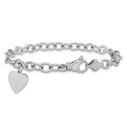 14K White Gold Engravable 19X13mm Solid Dangle Heart Charm And Polished Link 8.5 Inch Bracelet