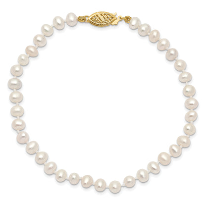 14K Yellow Gold 4 5mm White Near Round Freshwater Cultured Pearl 7.5 Inch Bracelet