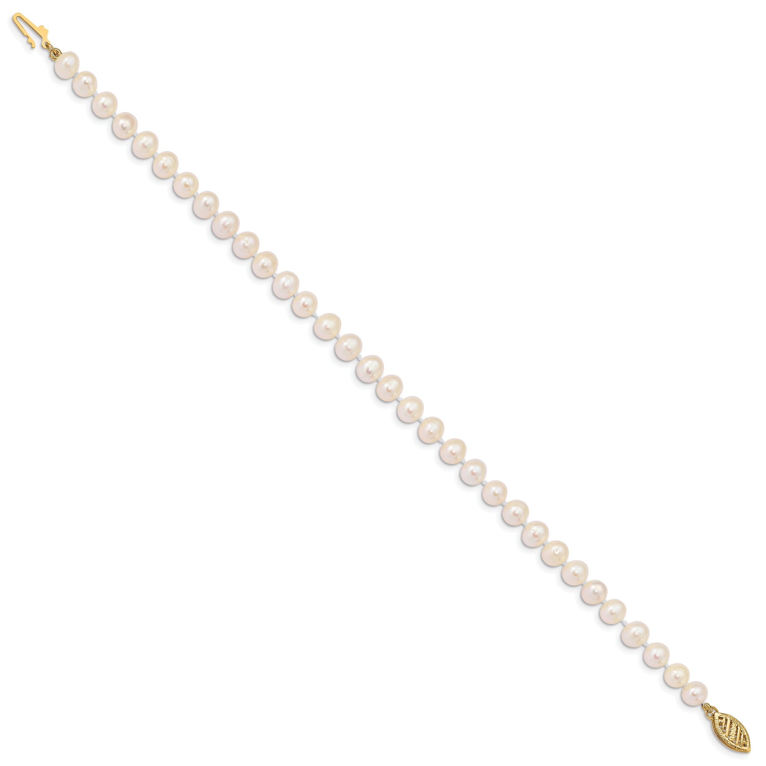 10K Yellow Gold 5-6mm White Near Round Freshwater Cultured Pearl 8.25 Inch Bracelet