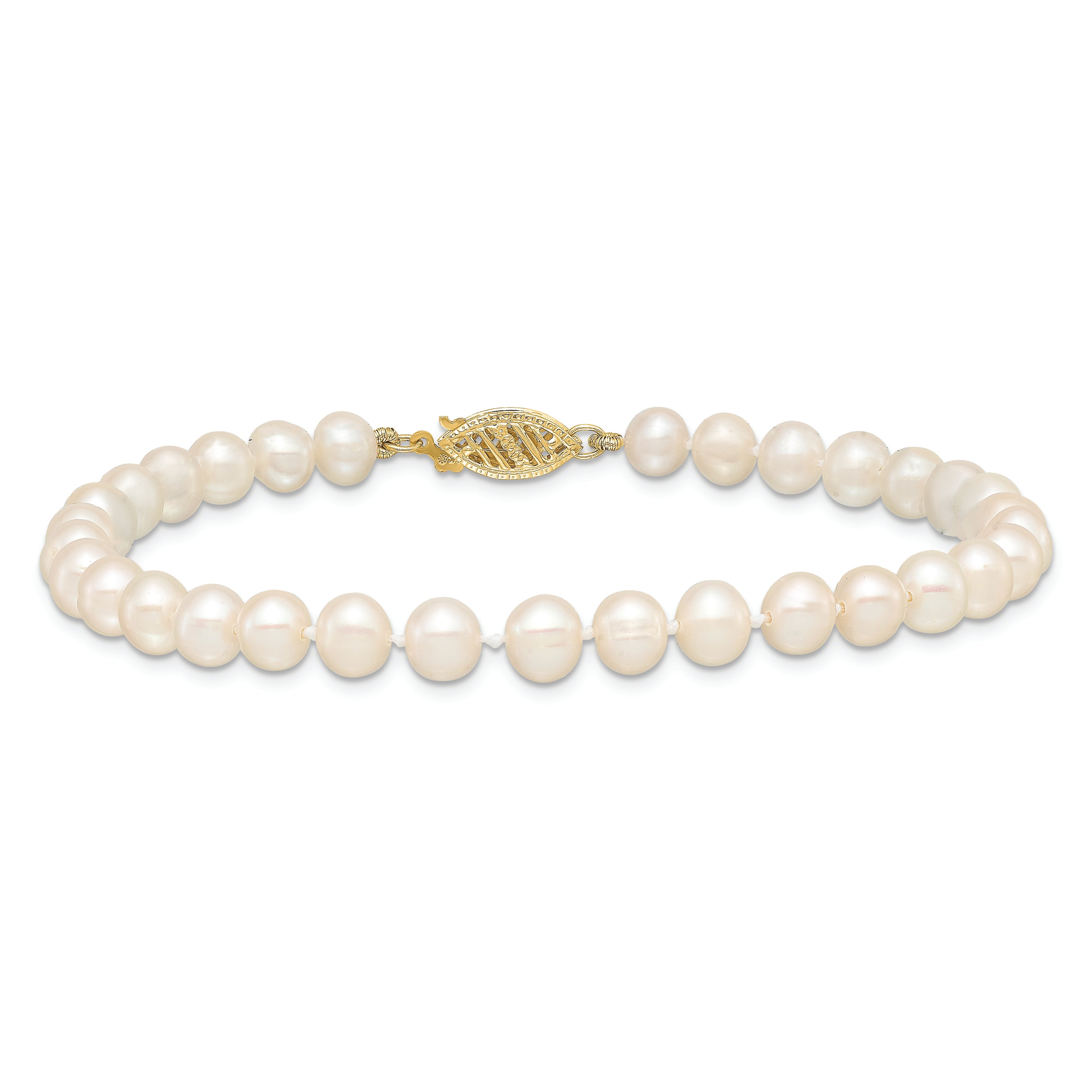 14K Yellow Gold 5 6mm White Near Round Freshwater Cultured Pearl 7.5 Inch Bracelet