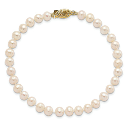 14K Yellow Gold 5 6mm White Near Round Freshwater Cultured Pearl 7.5 Inch Bracelet