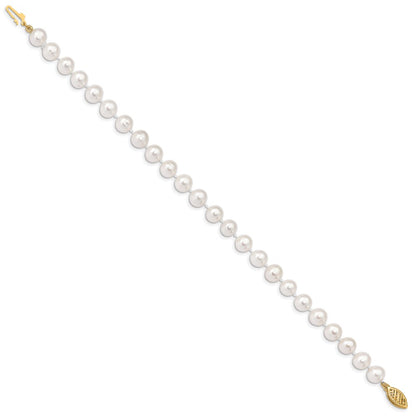 14K Yellow Gold 6 7mm White Near Round Freshwater Cultured Pearl 7.5 Inch Bracelet