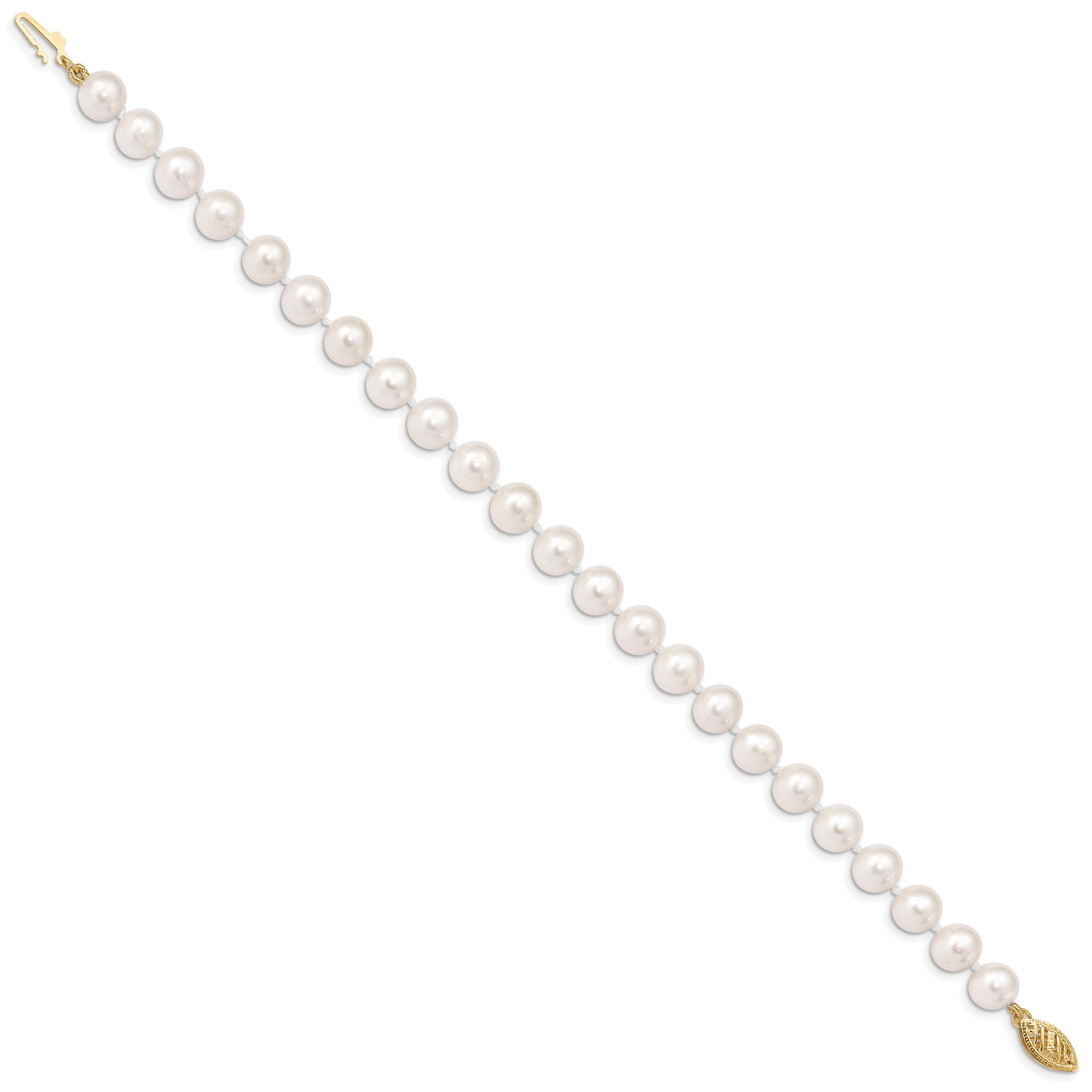 10K Yellow Gold 7-8mm White Near Round Freshwater Cultured Pearl 8.25 Inch Bracelet