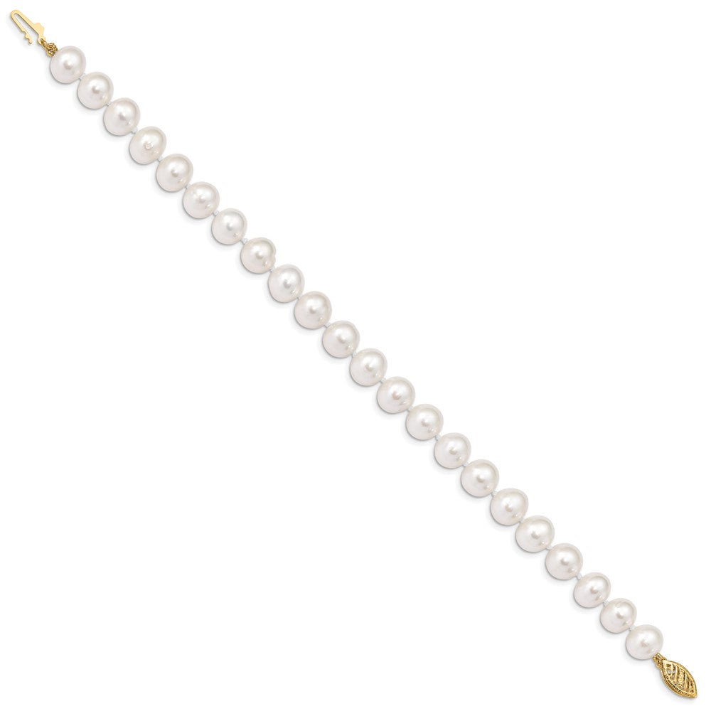 14K Yellow Gold 8 9mm White Near Round Freshwater Cultured Pearl 7.5 Inch Bracelet