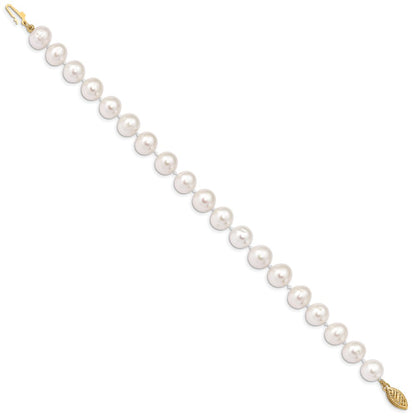 14K Yellow Gold 9 10mm White Near Round Freshwater Cultured Pearl 7.5 Inch Bracelet