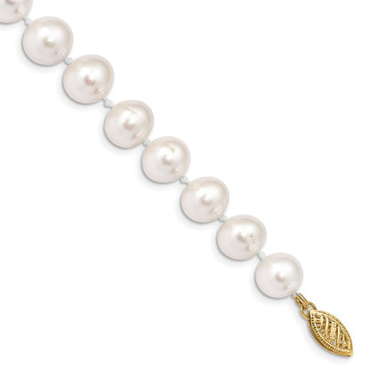 14K Yellow Gold 9 10mm White Near Round Freshwater Cultured Pearl 7.5 Inch Bracelet