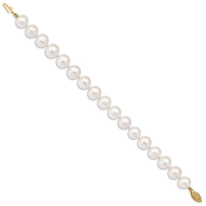 14K Yellow Gold 10 11mm White Near Round Freshwater Cultured Pearl 7.5 Inch Bracelet