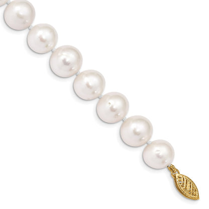 14K Yellow Gold 10 11mm White Near Round Freshwater Cultured Pearl 7.5 Inch Bracelet