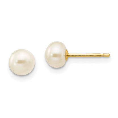 14K Yellow Gold 5 6mm White Button Freshwater Cultured Pearl Stud Post Earrings