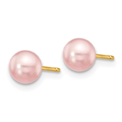 14K Yellow Gold 5 6mm Purple Round Freshwater Cultured Pearl Stud Post Earrings