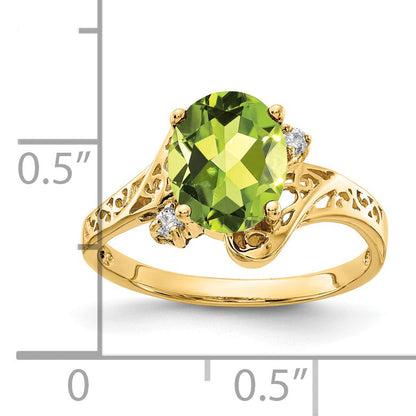 14K Yellow Gold 9X7mm Oval Peridot Checker Vs Diamond Ring