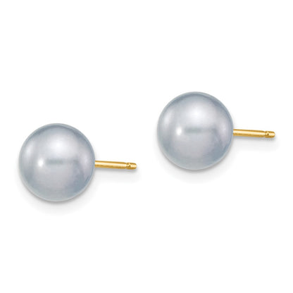 14K Yellow Gold 7 8mm Grey Round Freshwater Cultured Pearl Stud Post Earrings