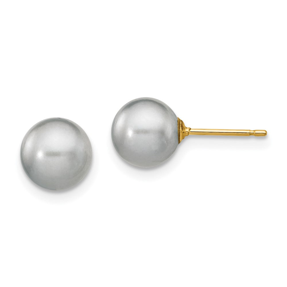 14K Yellow Gold 7 8mm Grey Round Freshwater Cultured Pearl Stud Post Earrings