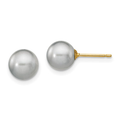 14K Yellow Gold 7 8mm Grey Round Freshwater Cultured Pearl Stud Post Earrings