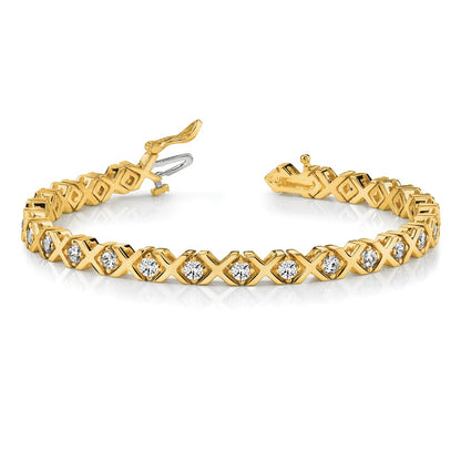14K Yellow Gold Complete 2.4 Carat Round A Diamond 4 Prong X Design 7 Inch Tennis Bracelet