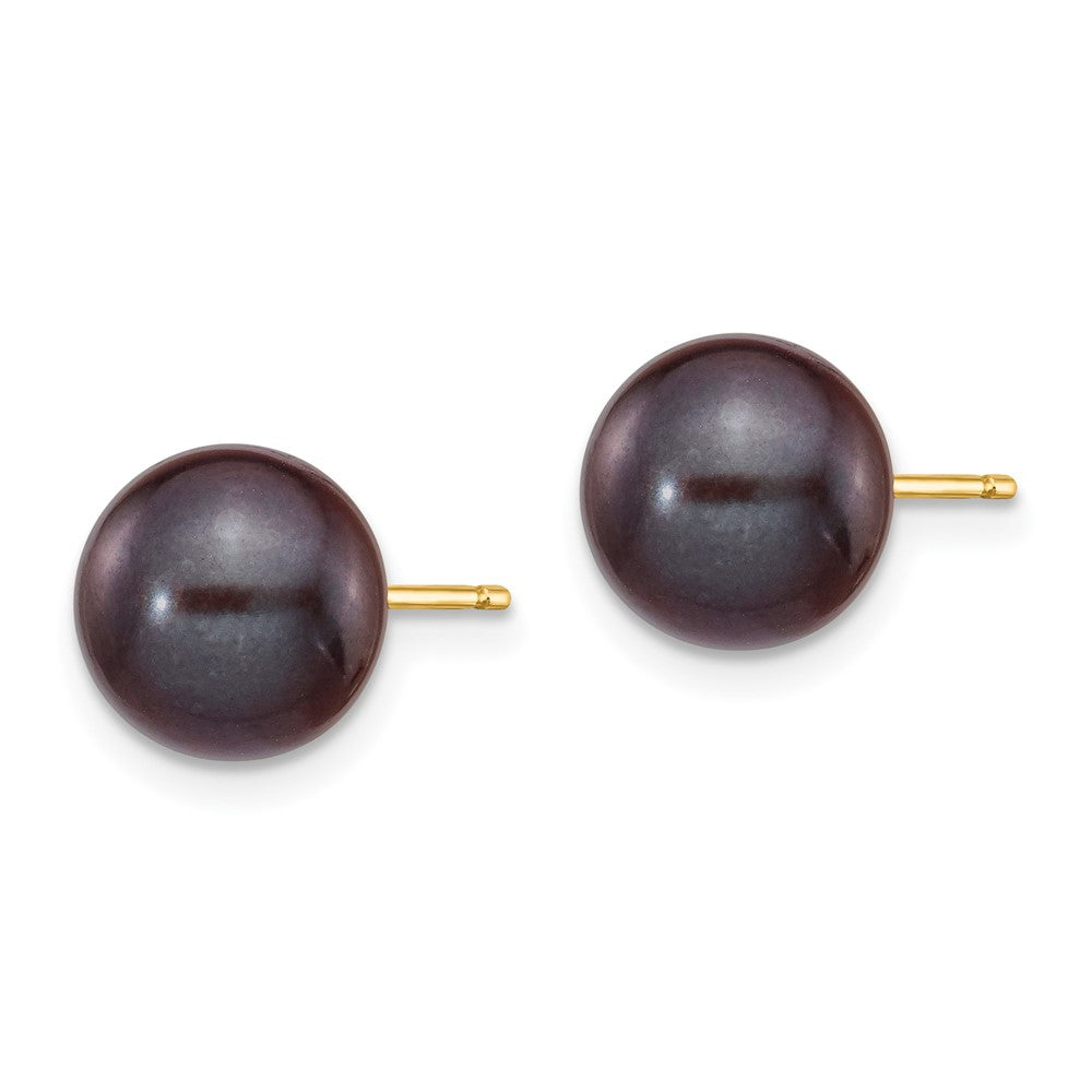 14K Yellow Gold 8 9mm Black Round Freshwater Cultured Pearl Stud Post Earrings